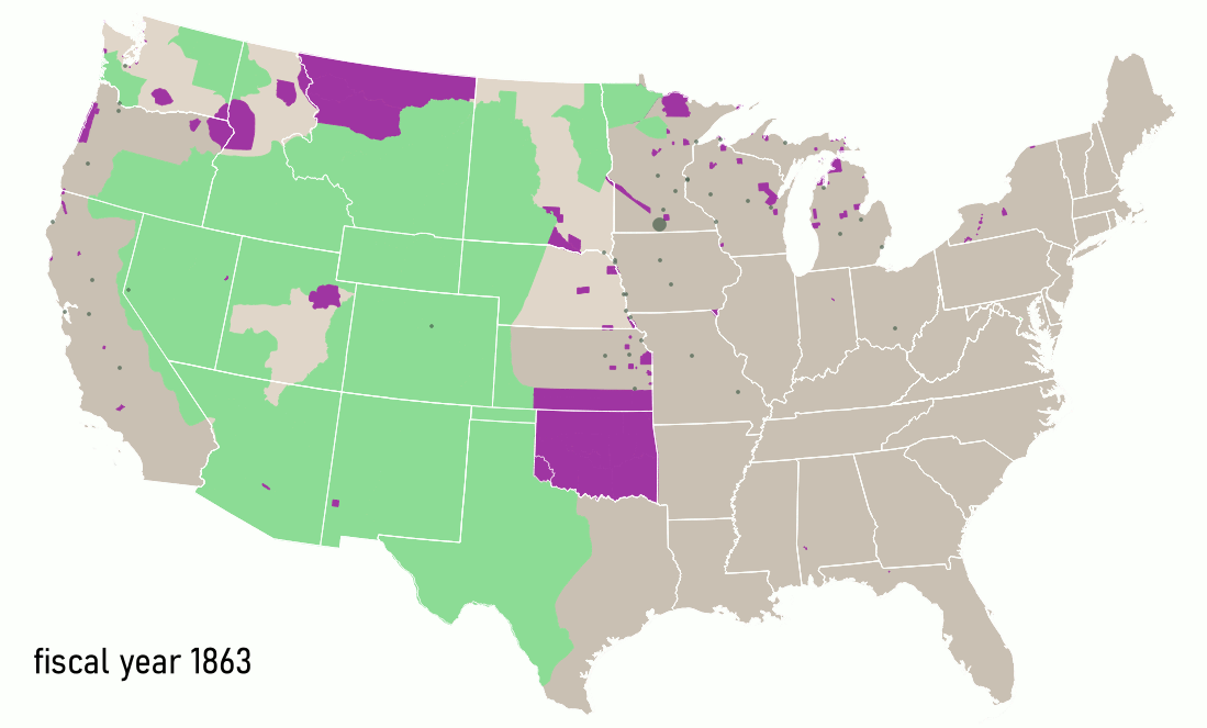 Map with statistics of homestead claims, Indigenous lands, and frontier clashes, between 1863 and 1912